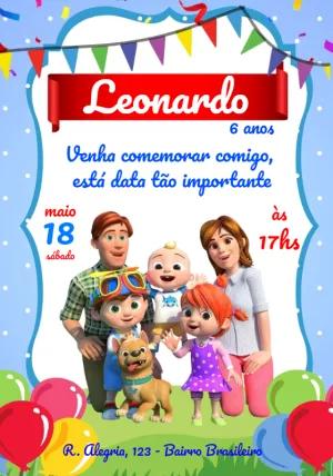 Convite de Aniversário Cocomelon com Personagens para Editar