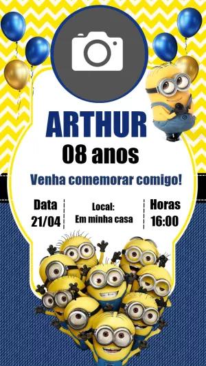 Convite de Aniversário Minions com Foto para Editar Online