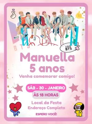 Convite de Aniversário BTS K-pop para Editar e Imprimir