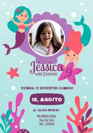 Convite de Aniversário Sereia com Foto para Editar Online