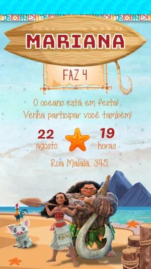 Convite de Aniversário Moana com Personagens para Editar Online
