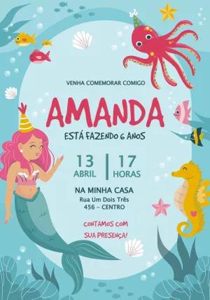 Convite Aniversário Sereia Fundo do Mar para Editar Online