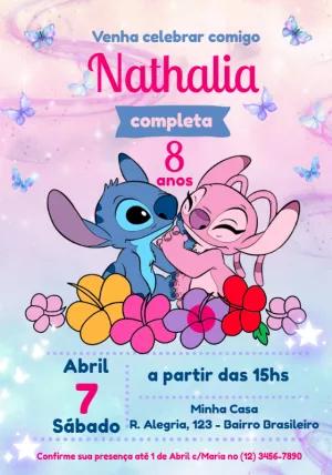 Convite Aniversário Stitch e Angel Floral para Editar Online