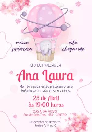 Convite Chá de Fraldas Elefantinha Baloeira para Editar Online