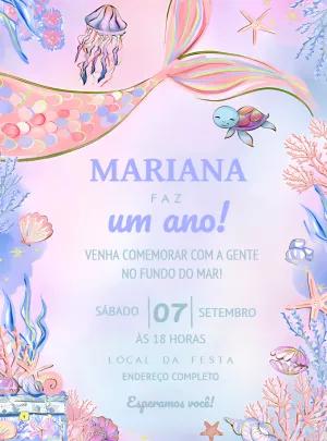 Convite Aniversário Fundo do Mar Sereia para Editar Online