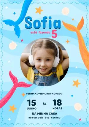 Convite Aniversário Sereia com Foto para Editar Online