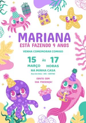 Convite Aniversário Fundo do Mar Animais Fofos para Editar