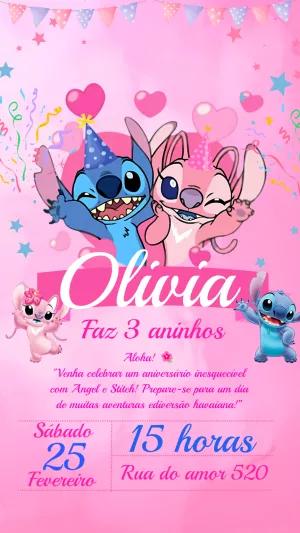 Convite Aniversário Stitch e Angel para Editar Online