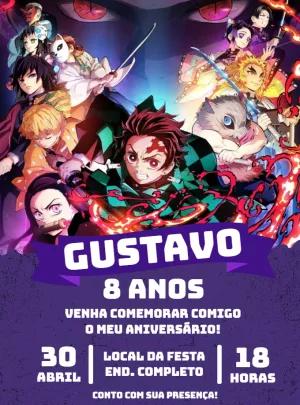 Convite de Aniversário Demon Slayer com Personagens para Editar