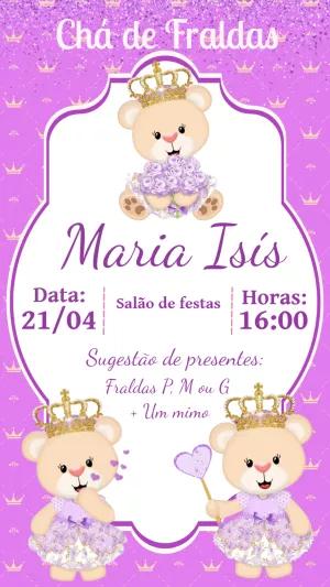 Convite Chá de Fraldas Ursinha Princesa para Editar Online