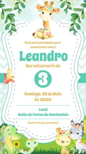 Convite de Aniversário Safari com Animais Fofos para Editar