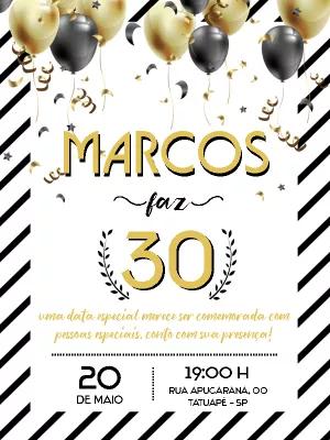 Convite de Aniversário Elegante Preto e Dourado para Editar