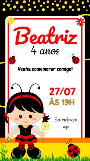 Convite de Aniversário Joaninha Menina para Editar Online