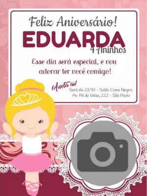 Convite Aniversário Bailarina com Foto para Editar Online
