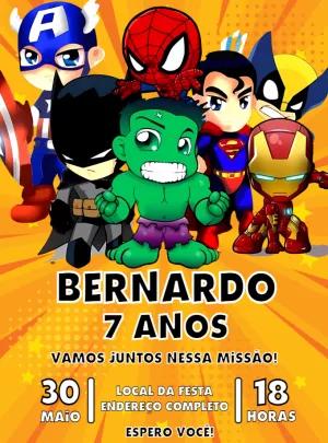 Convite Aniversário Super Heróis Chibi para Editar Online