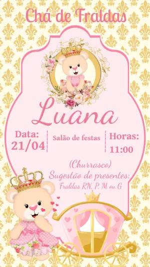Convite Chá de Fraldas Ursinha Princesa para Editar Online
