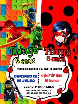 Convite Aniversário Duplo Ninjago e Miraculous para Editar