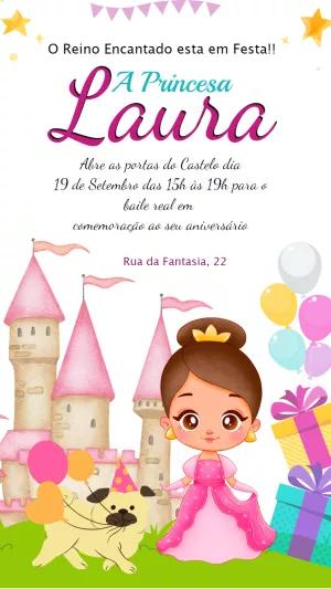 Convite de Aniversário Princesa com Castelo para Editar Online