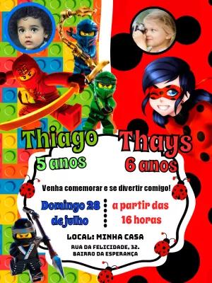 Convite Aniversário Duplo Ninjago e Miraculous para Editar