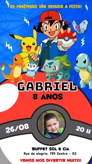 Convite Aniversário Pokémon com Foto para Editar Online