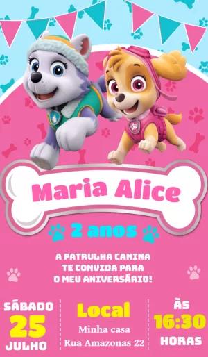 Convite Aniversário Patrulha Canina Menina para Editar Online