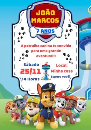 Convite Aniversário Patrulha Canina com Personagens para Editar