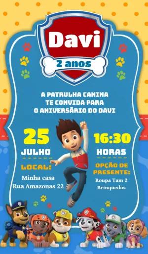 Convite de Aniversário Patrulha Canina com Personagens para Editar