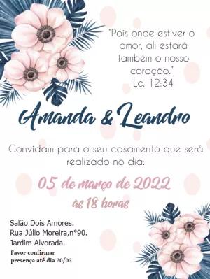 Convite de Casamento Floral Azul e Rosa para Editar Online