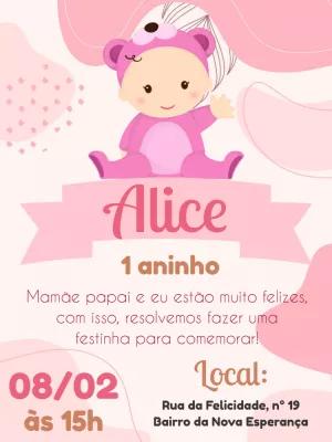 Convite de Aniversário Ursinha Rosa para Editar Online