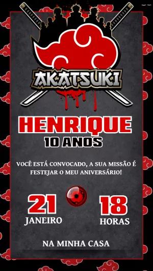 Convite Aniversário Akatsuki Naruto para Editar Online