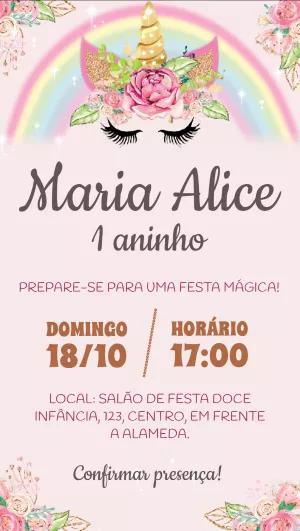 Convite Aniversário Unicórnio Arco-Íris para Editar Online