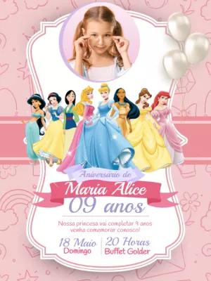 Convite Aniversário Princesas Disney com Foto para Editar Online