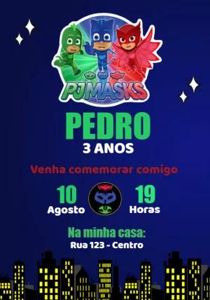 Convite de Aniversário PJ Masks com Personagens para Editar