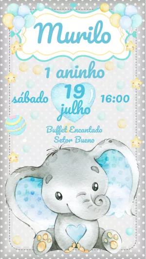 Convite Aniversário Elefantinho Azul para Editar Online