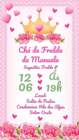 Convite Chá de Fraldas Princesa Floral para Editar Online