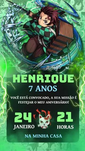 Convite de Aniversário Demon Slayer com Tanjiro para Editar