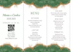 Menu de Casamento Verde e Dourado com Glitter para Editar