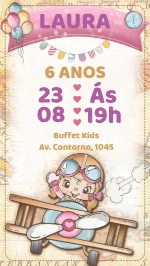 Convite Aniversário Aviadora Menina para Editar Online