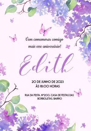 Convite Aniversário Borboleta Lilás Aquarela para Editar