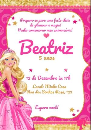 Convite de Aniversário Barbie Rosa e Dourado para Editar Online