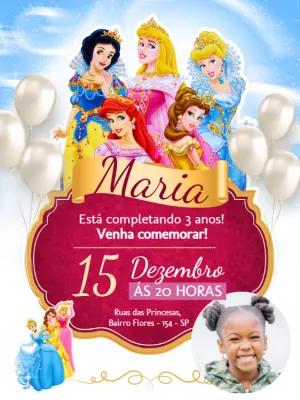 Convite Aniversário Princesas Disney com Foto para Editar Online
