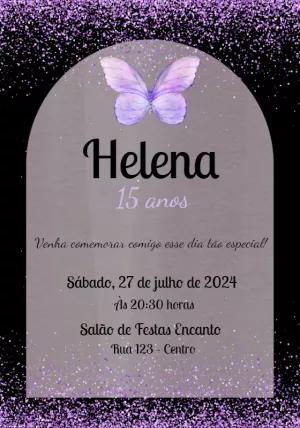 Convite 15 Anos Borboleta Lilás com Glitter para Editar