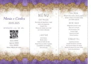 Menu de Casamento Roxo e Glitter para Editar Online