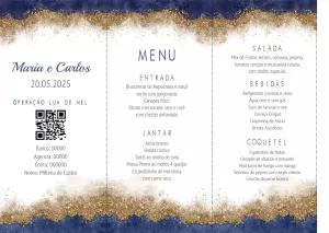 Menu de Casamento Azul e Dourado para Editar Online