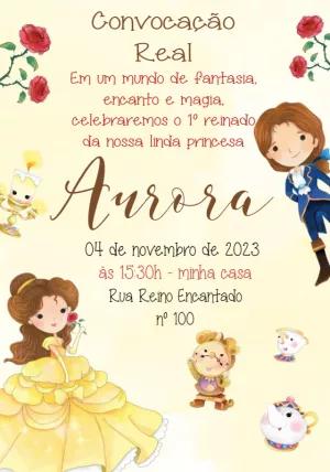 Convite de Aniversário A Bela e a Fera Aquarela para Editar