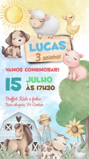 Convite Aniversário Fazendinha Aquarela para Editar Online