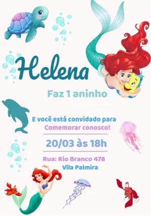 Convite Aniversário Pequena Sereia com Ariel para Editar Online