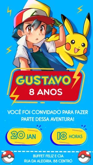 Convite de Aniversário Pokémon com Ash e Pikachu para Editar