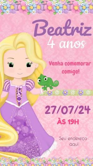 Convite Aniversário Rapunzel Cute para Editar e Enviar Online