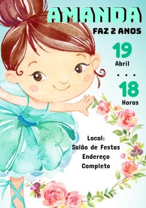 Convite de Aniversário Bailarina Aquarela para Editar Online